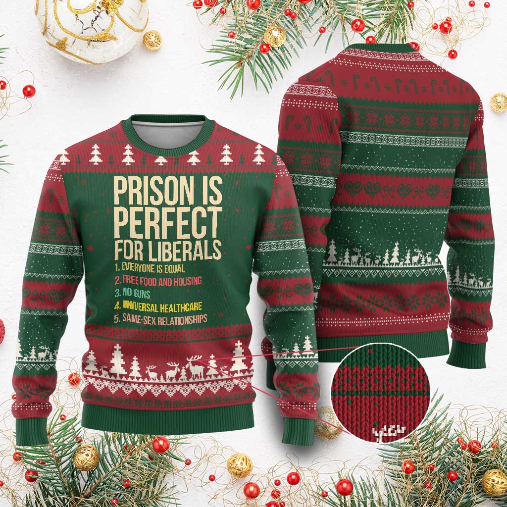 Prison Is Perfect For Liberals Ugly Christmas Sweater Funny Anti Liberal Quote Satire Statement Subtle FDT Political Humor