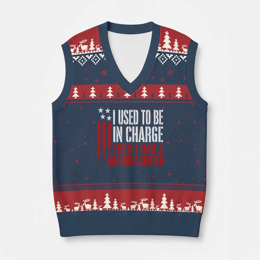 I Used To Be in Charge Then I Had A Granddaughter V-Neck Knit Sweater Vest Funny Saying Gag Gift Birthday Grandpa Fathers Day US Flag
