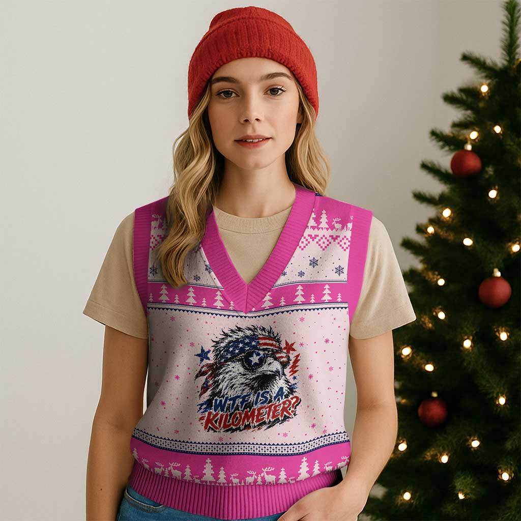 Funny 4th Of July WTF Is A Kilometer V-Neck Knit Sweater Vest Vintage USA Meme Patriotic Eagle Humor Independence Day