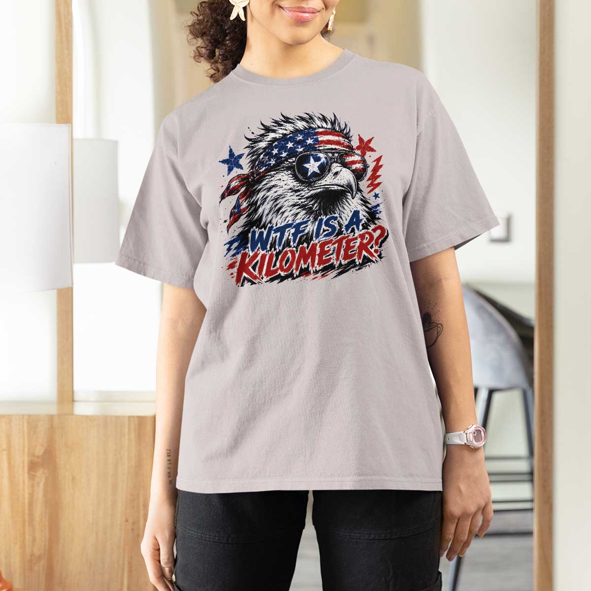 Funny 4th Of July WTF Is A Kilometer T Shirt For Women Vintage USA Meme Patriotic Eagle Humor Independence Day