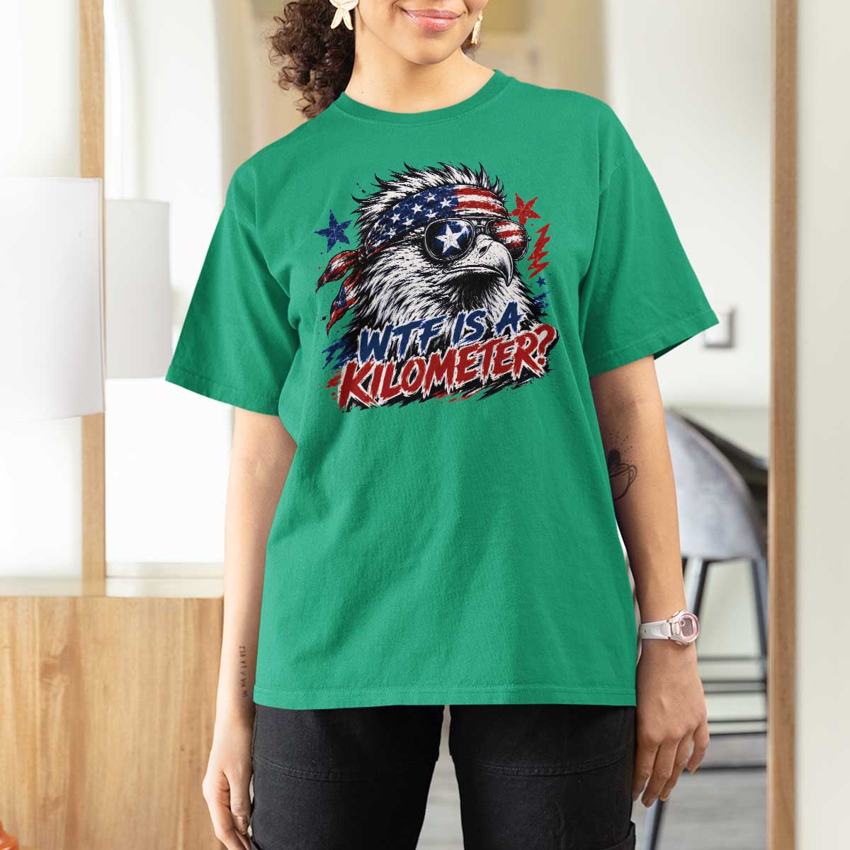 Funny 4th Of July WTF Is A Kilometer T Shirt For Women Vintage USA Meme Patriotic Eagle Humor Independence Day
