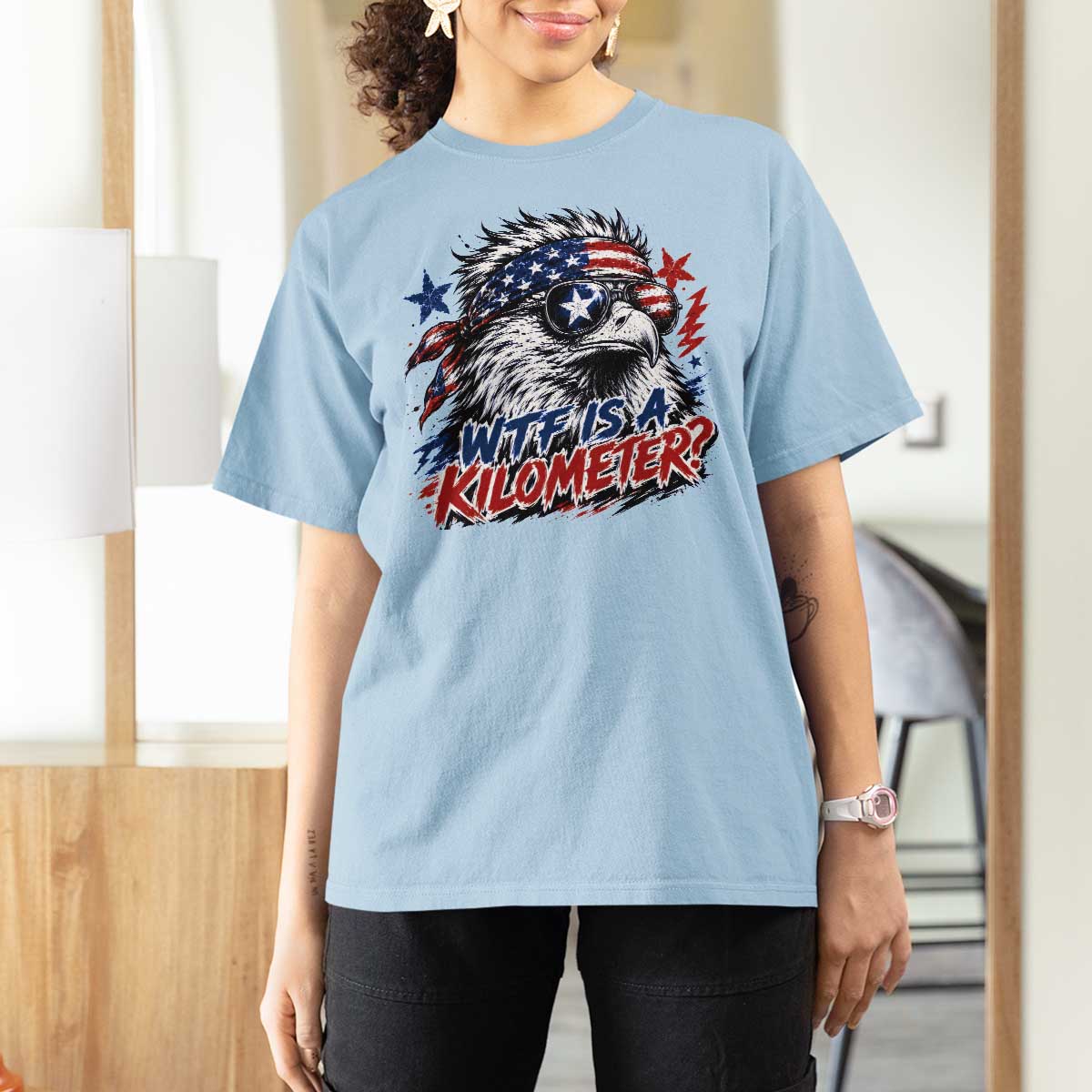 Funny 4th Of July WTF Is A Kilometer T Shirt For Women Vintage USA Meme Patriotic Eagle Humor Independence Day