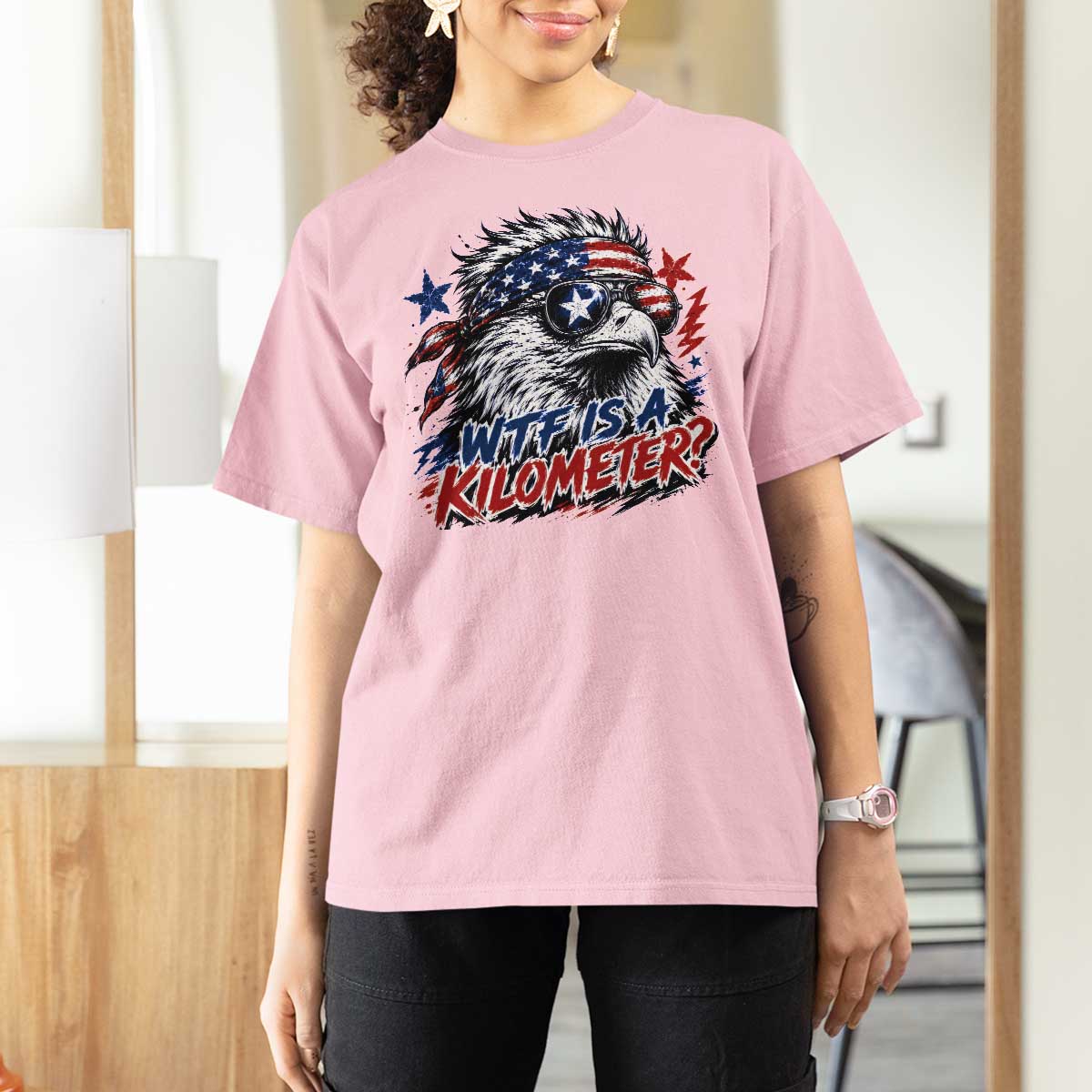 Funny 4th Of July WTF Is A Kilometer T Shirt For Women Vintage USA Meme Patriotic Eagle Humor Independence Day