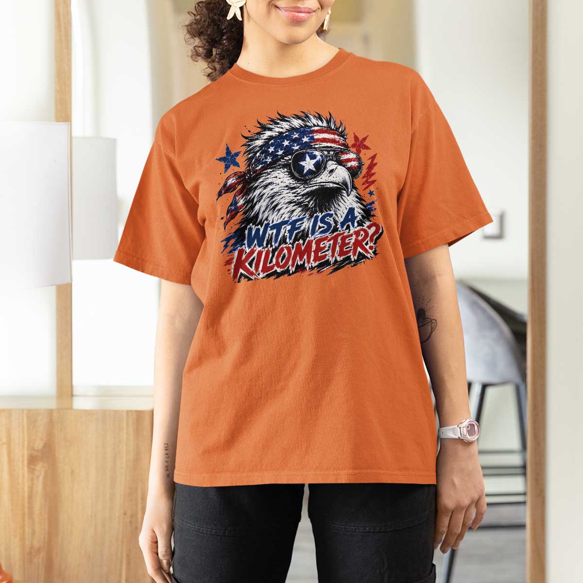 Funny 4th Of July WTF Is A Kilometer T Shirt For Women Vintage USA Meme Patriotic Eagle Humor Independence Day