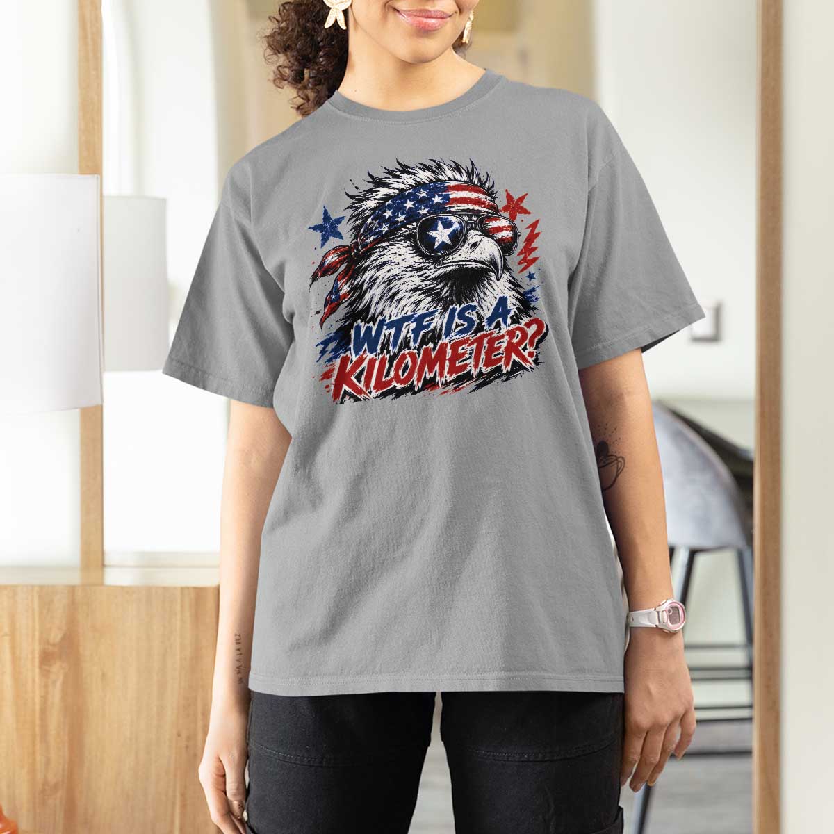 Funny 4th Of July WTF Is A Kilometer T Shirt For Women Vintage USA Meme Patriotic Eagle Humor Independence Day