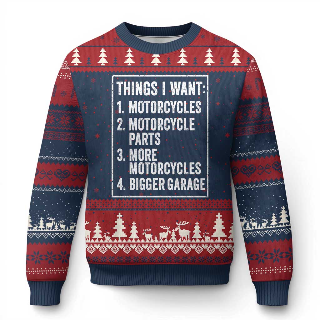 Funny Motorcycle Lovers Ugly Christmas Sweater Things I Want Vintage Garage Graphic Bikers Club