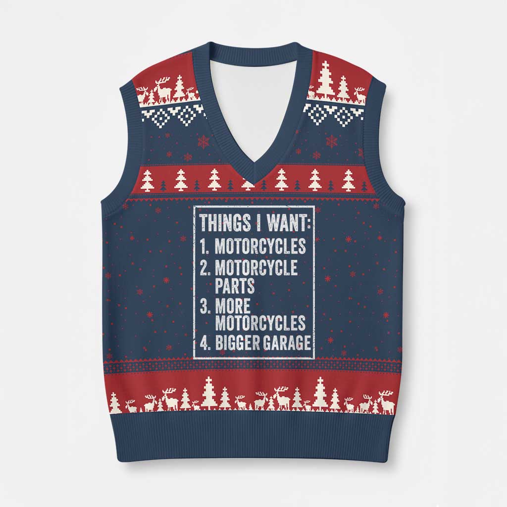 Funny Motorcycle Lovers V-Neck Knit Sweater Vest Things I Want Vintage Garage Graphic Bikers Club