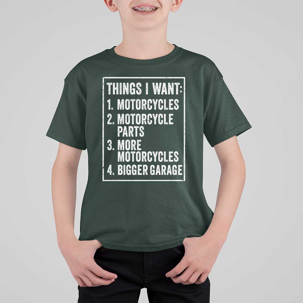 Funny Motorcycle Lovers T Shirt For Kid Things I Want Vintage Garage Graphic Bikers Club