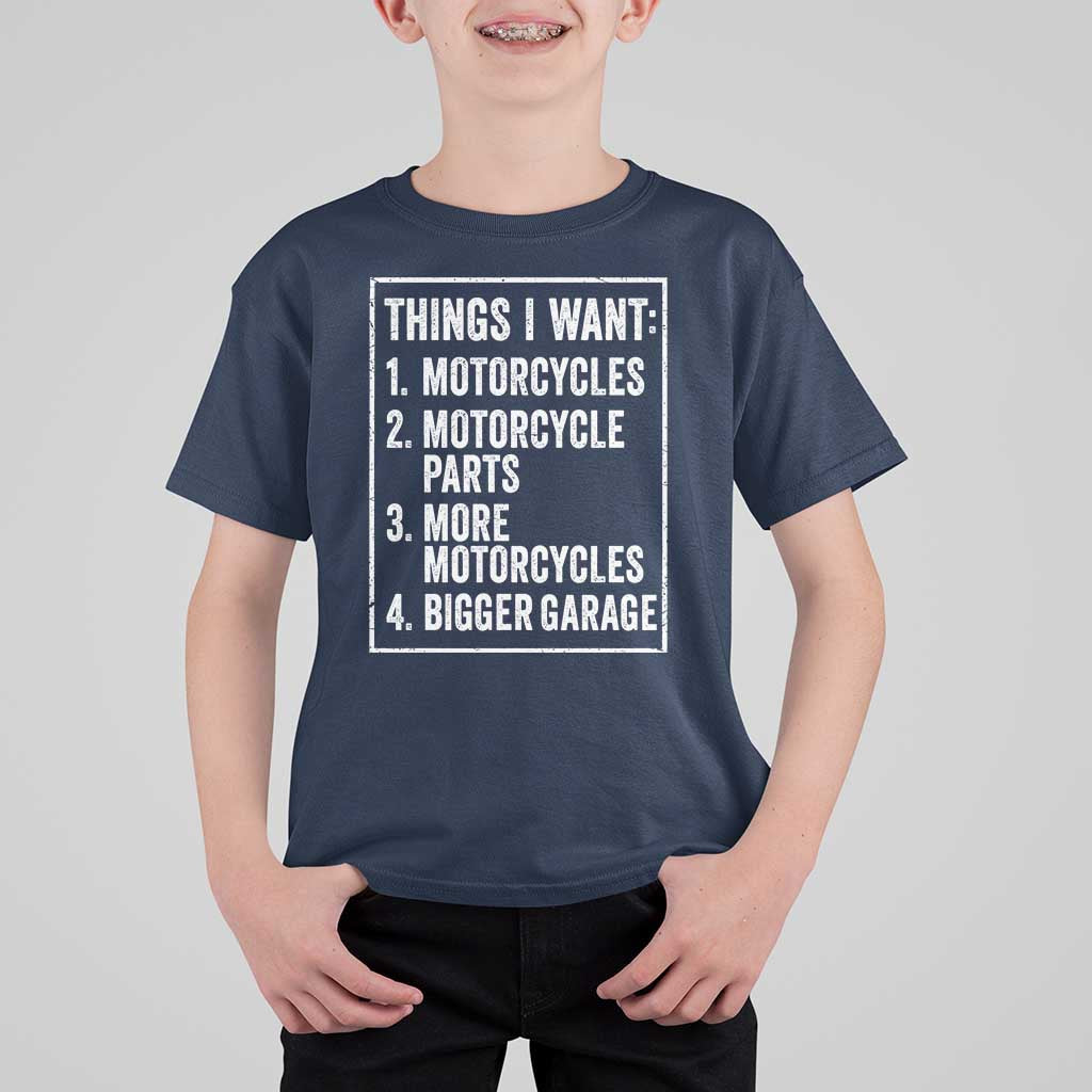 Funny Motorcycle Lovers T Shirt For Kid Things I Want Vintage Garage Graphic Bikers Club
