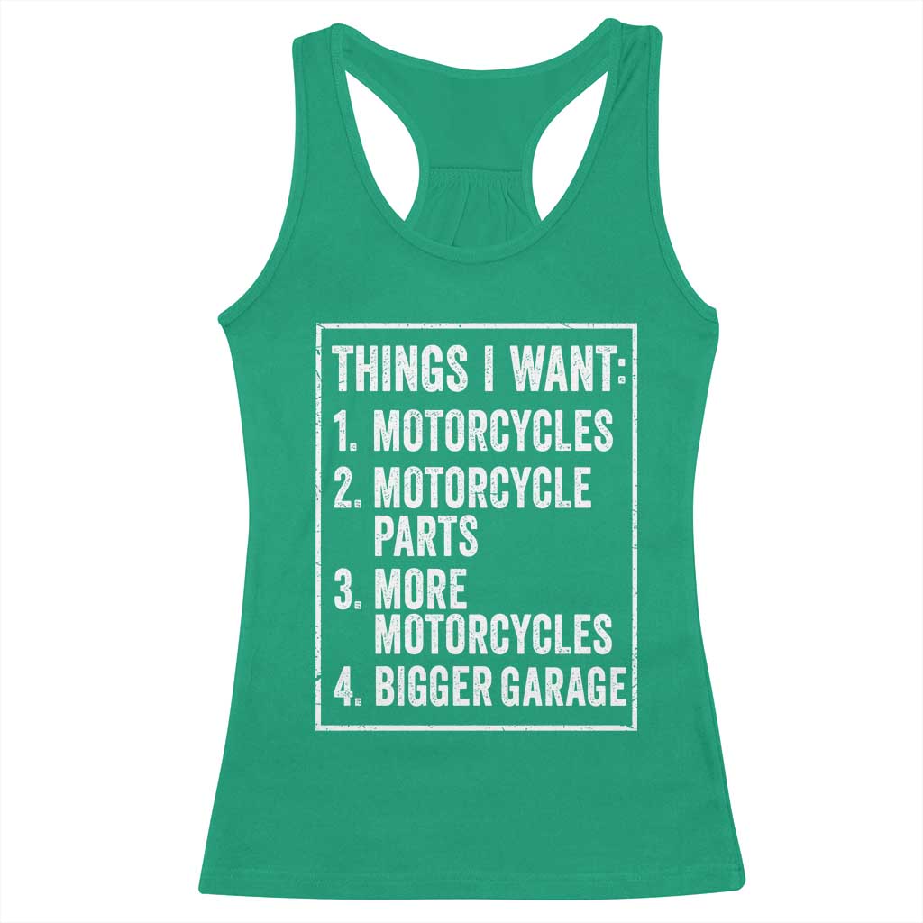 Funny Motorcycle Lovers Racerback Tank Top Things I Want Vintage Garage Graphic Bikers Club