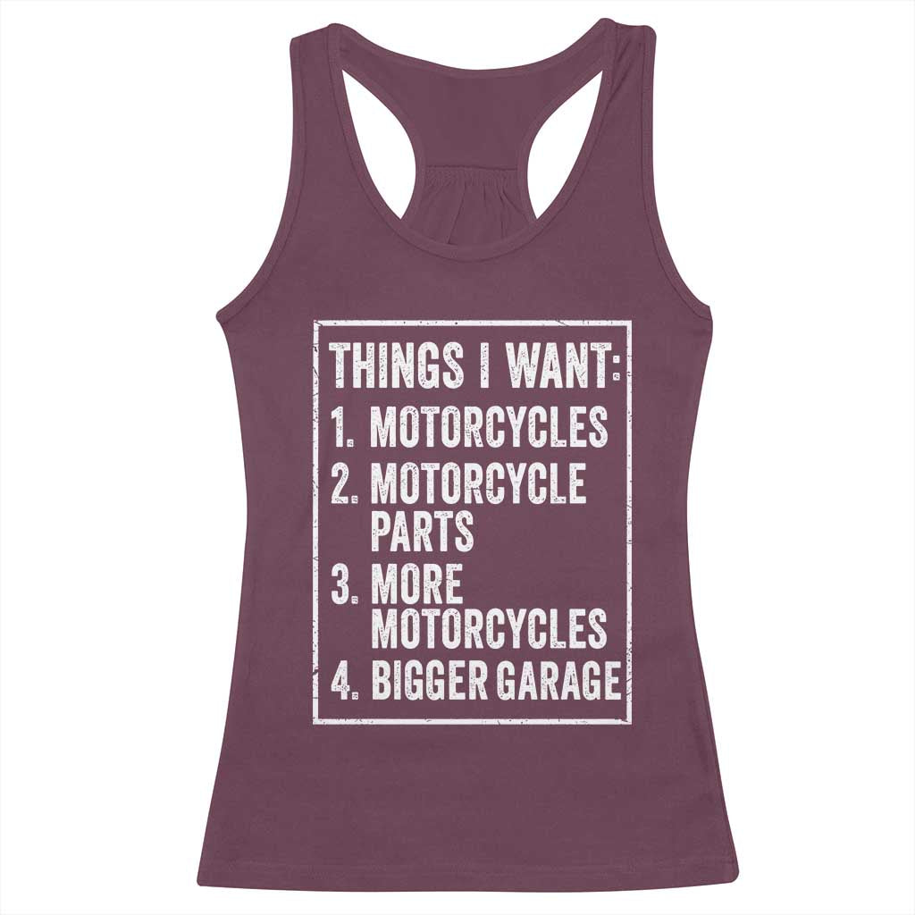 Funny Motorcycle Lovers Racerback Tank Top Things I Want Vintage Garage Graphic Bikers Club