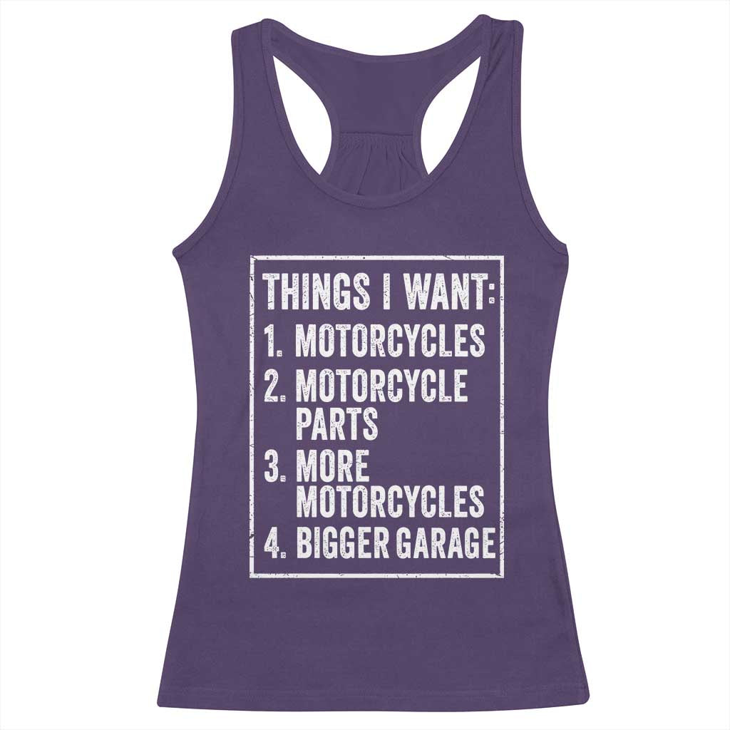 Funny Motorcycle Lovers Racerback Tank Top Things I Want Vintage Garage Graphic Bikers Club