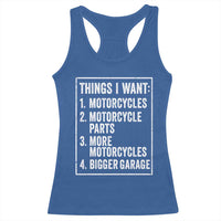 Funny Motorcycle Lovers Racerback Tank Top Things I Want Vintage Garage Graphic Bikers Club