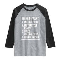 Funny Motorcycle Lovers Raglan Shirt Things I Want Vintage Garage Graphic Bikers Club
