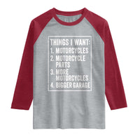 Funny Motorcycle Lovers Raglan Shirt Things I Want Vintage Garage Graphic Bikers Club