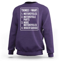 Funny Motorcycle Lovers Sweatshirt Things I Want Vintage Garage Graphic Bikers Club