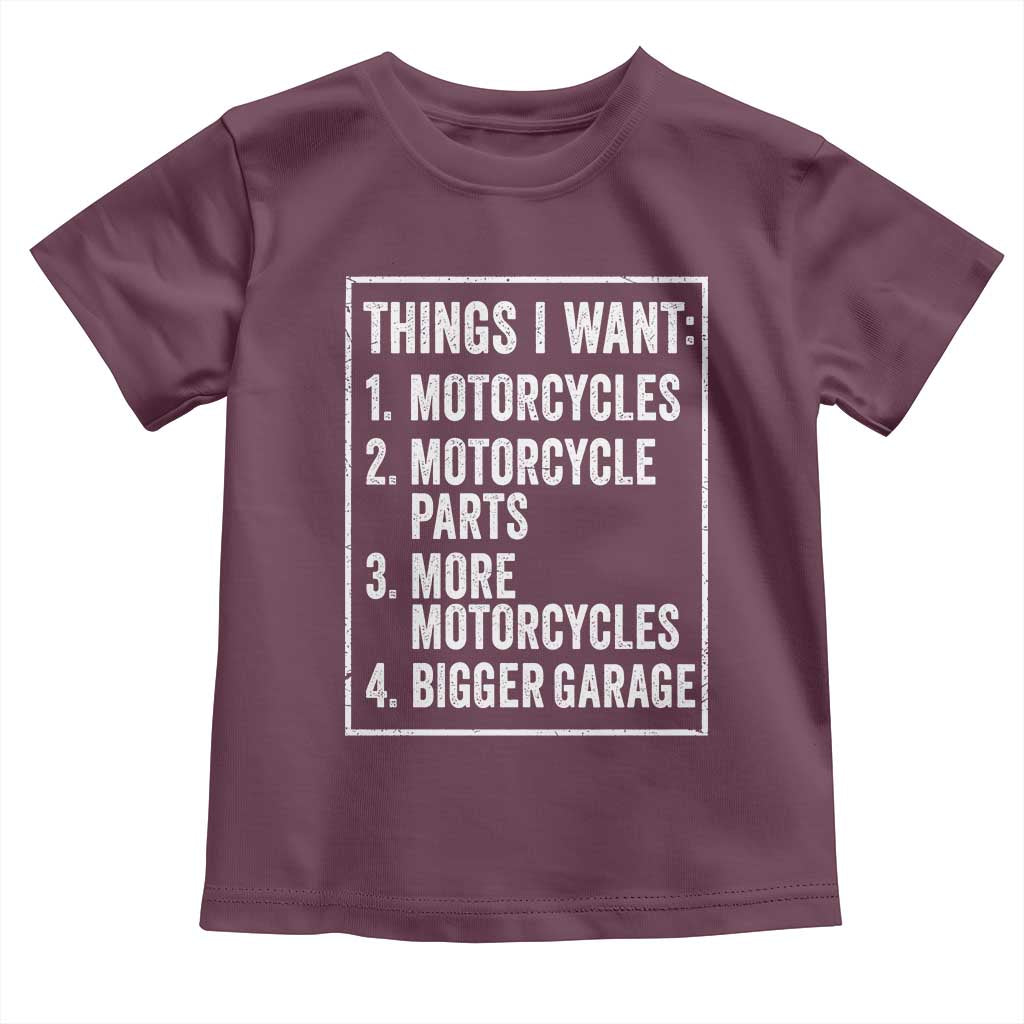 Funny Motorcycle Lovers Toddler T Shirt Things I Want Vintage Garage Graphic Bikers Club