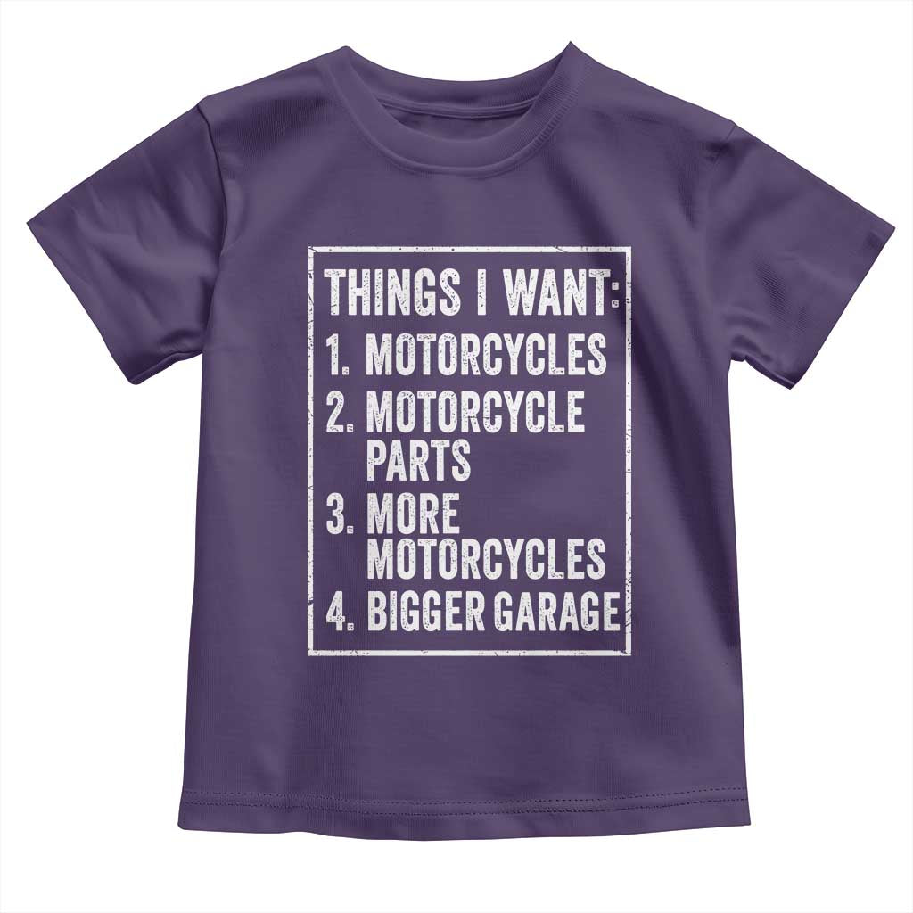 Funny Motorcycle Lovers Toddler T Shirt Things I Want Vintage Garage Graphic Bikers Club
