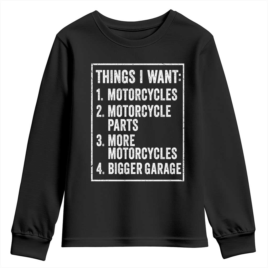 Funny Motorcycle Lovers Youth Sweatshirt Things I Want Vintage Garage Graphic Bikers Club
