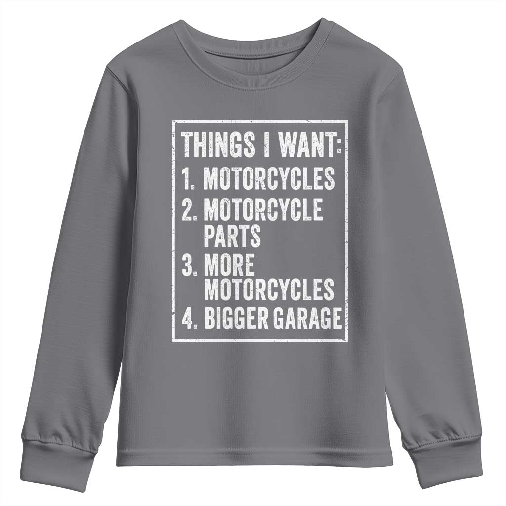 Funny Motorcycle Lovers Youth Sweatshirt Things I Want Vintage Garage Graphic Bikers Club
