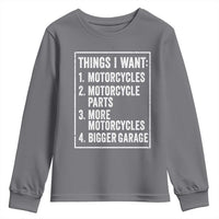 Funny Motorcycle Lovers Youth Sweatshirt Things I Want Vintage Garage Graphic Bikers Club