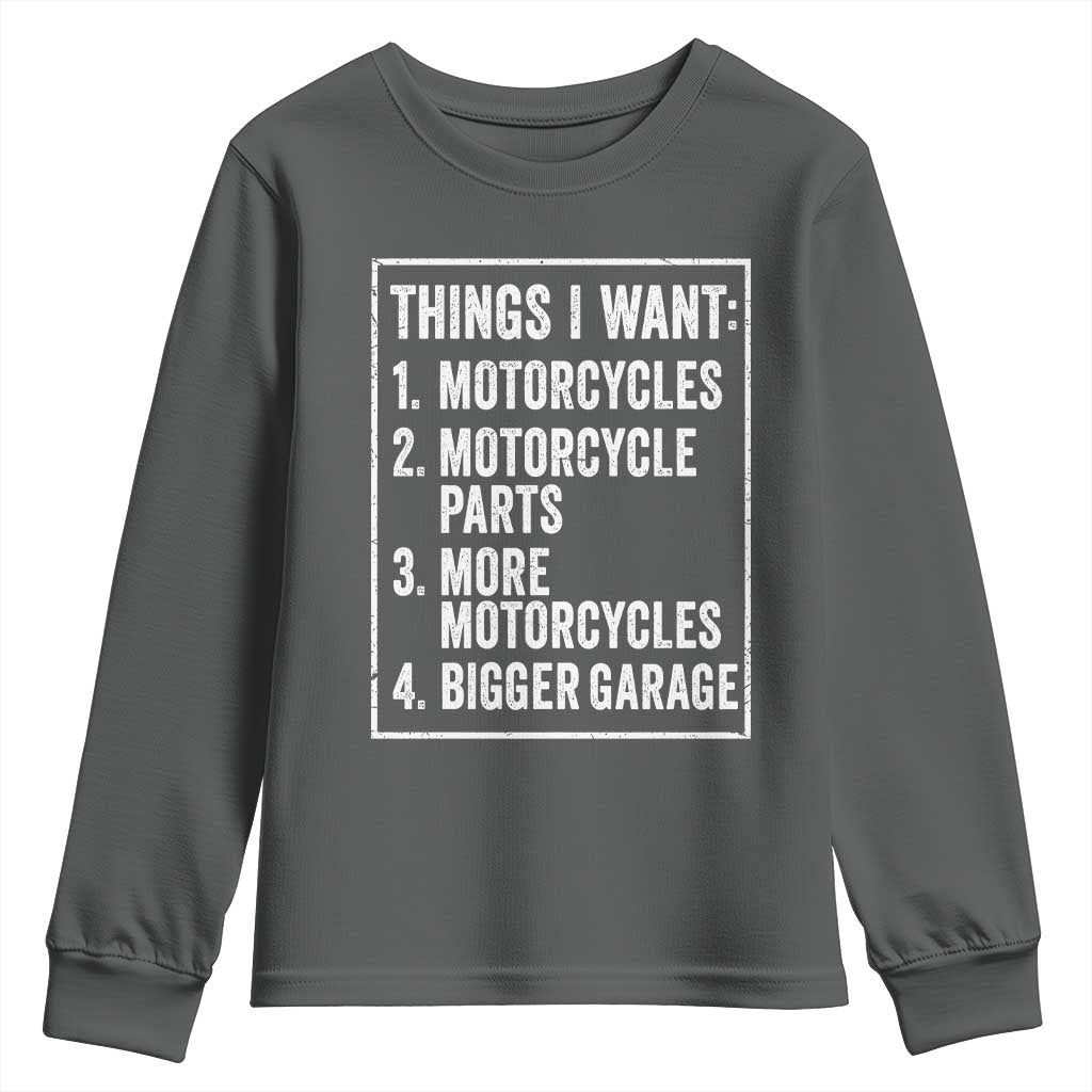 Funny Motorcycle Lovers Youth Sweatshirt Things I Want Vintage Garage Graphic Bikers Club