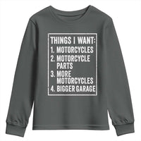 Funny Motorcycle Lovers Youth Sweatshirt Things I Want Vintage Garage Graphic Bikers Club