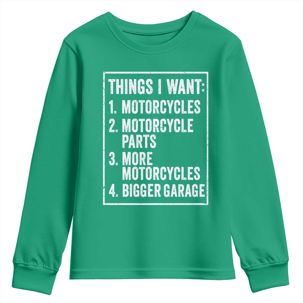 Funny Motorcycle Lovers Youth Sweatshirt Things I Want Vintage Garage Graphic Bikers Club