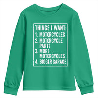Funny Motorcycle Lovers Youth Sweatshirt Things I Want Vintage Garage Graphic Bikers Club
