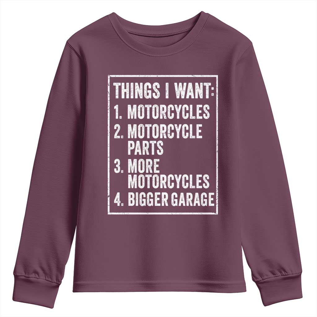 Funny Motorcycle Lovers Youth Sweatshirt Things I Want Vintage Garage Graphic Bikers Club