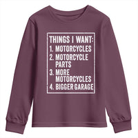Funny Motorcycle Lovers Youth Sweatshirt Things I Want Vintage Garage Graphic Bikers Club