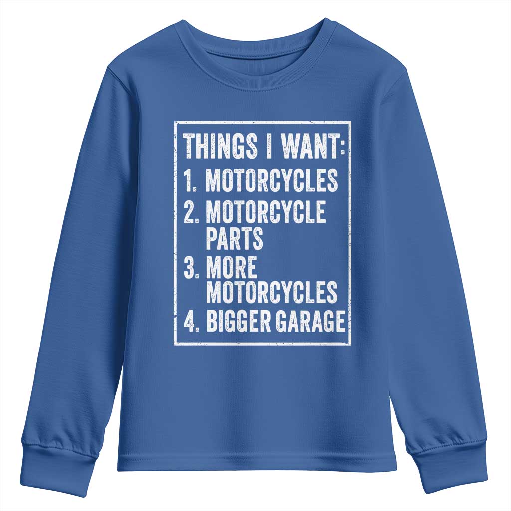Funny Motorcycle Lovers Youth Sweatshirt Things I Want Vintage Garage Graphic Bikers Club