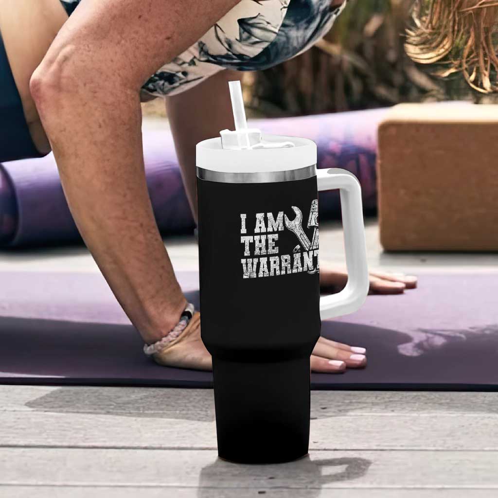 I Am The Warranty Tumbler With Handle Race Car Parts Repair Guy Funny Mechanic