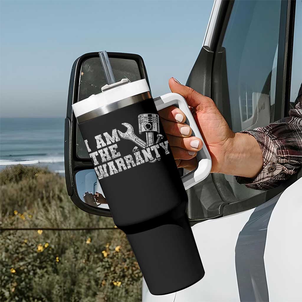 I Am The Warranty Tumbler With Handle Race Car Parts Repair Guy Funny Mechanic