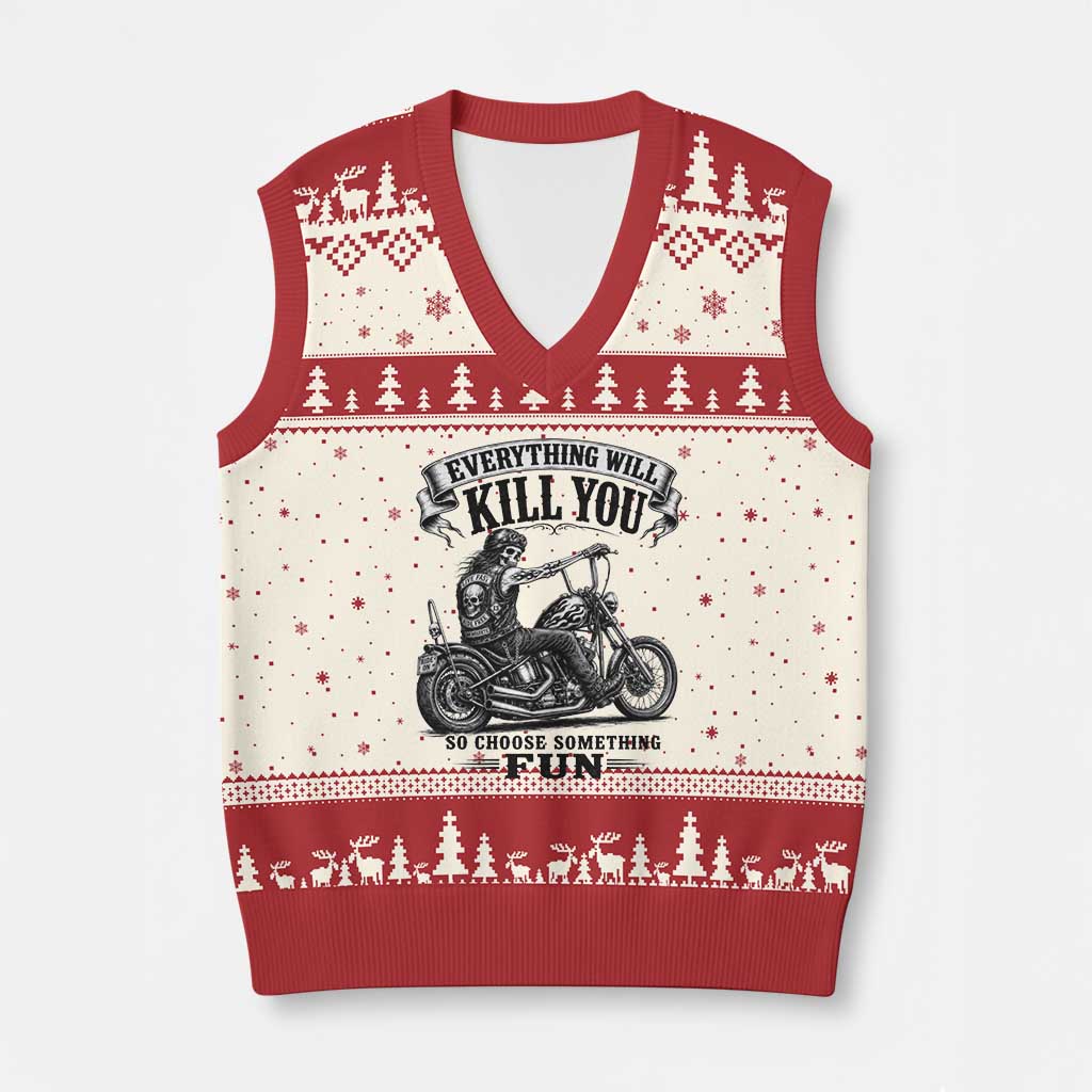 Skeleton Biker Vintage Motorcycle Graphic V-Neck Knit Sweater Vest Everything Will Kill You So Choose Something Fun