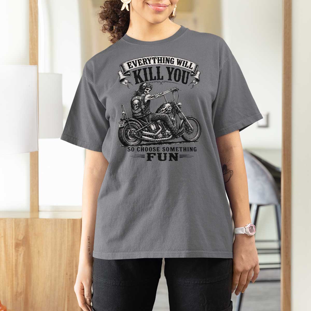 Skeleton Biker Vintage Motorcycle Graphic T Shirt For Women Everything Will Kill You So Choose Something Fun