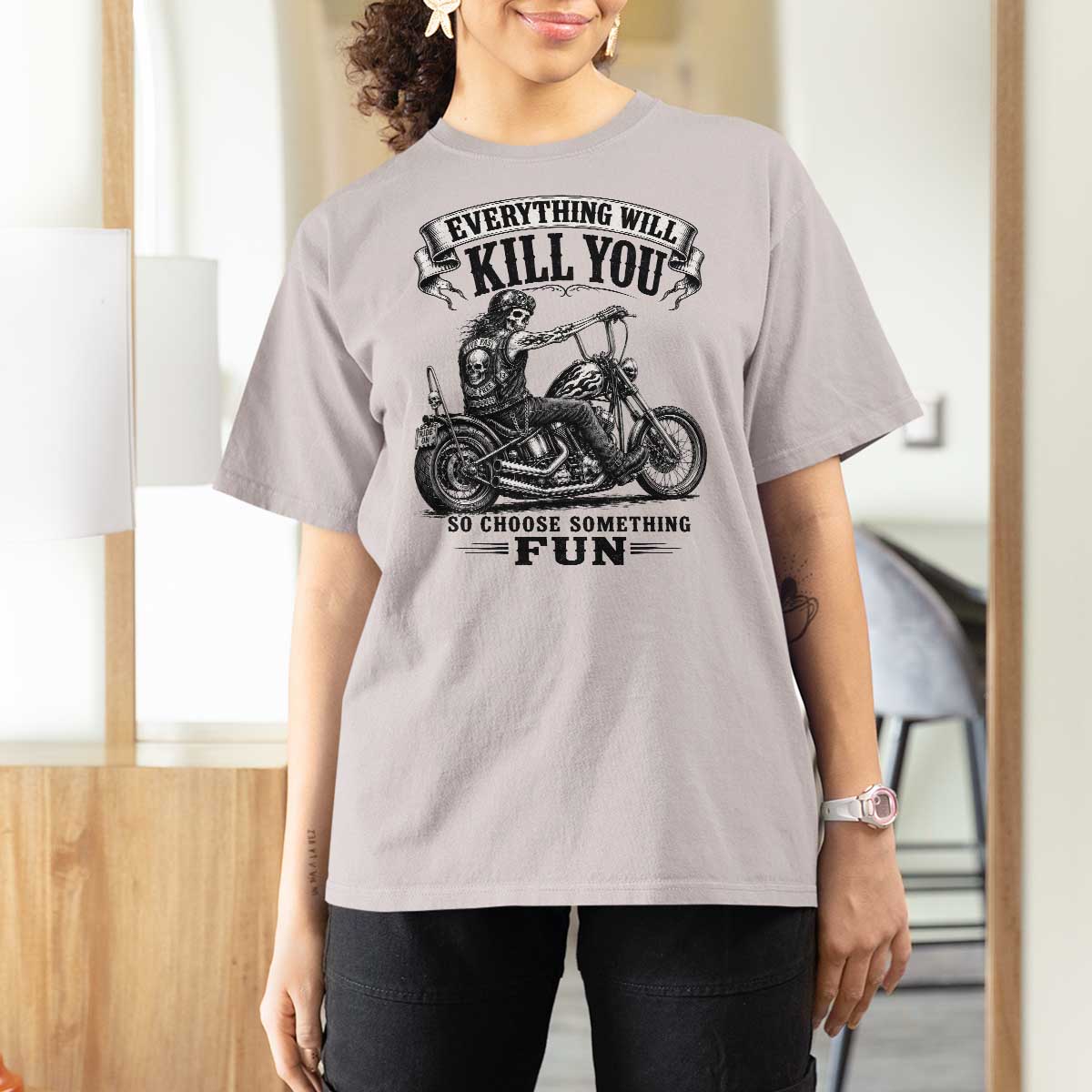 Skeleton Biker Vintage Motorcycle Graphic T Shirt For Women Everything Will Kill You So Choose Something Fun