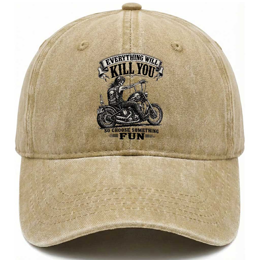 Skeleton Biker Vintage Motorcycle Graphic Washed Cotton Baseball Cap Everything Will Kill You So Choose Something Fun