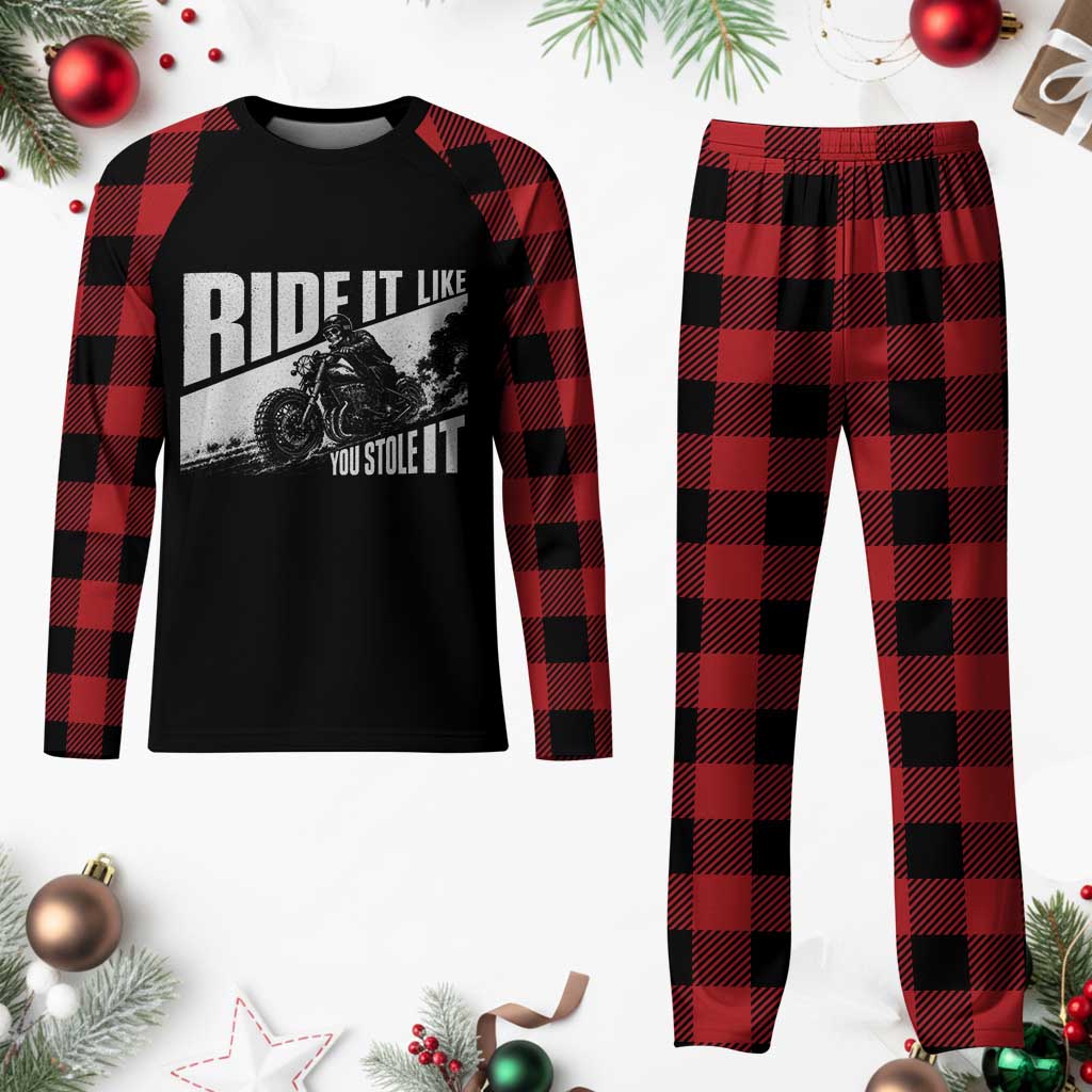 Ride It Like You Stole It Skeleton Biker Plaid Pajama Set Vintage Motorcycle Rider