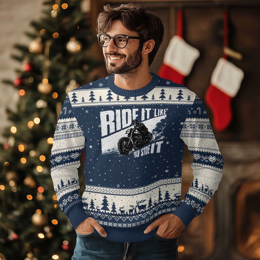 Ride It Like You Stole It Skeleton Biker Ugly Christmas Sweater Vintage Motorcycle Rider