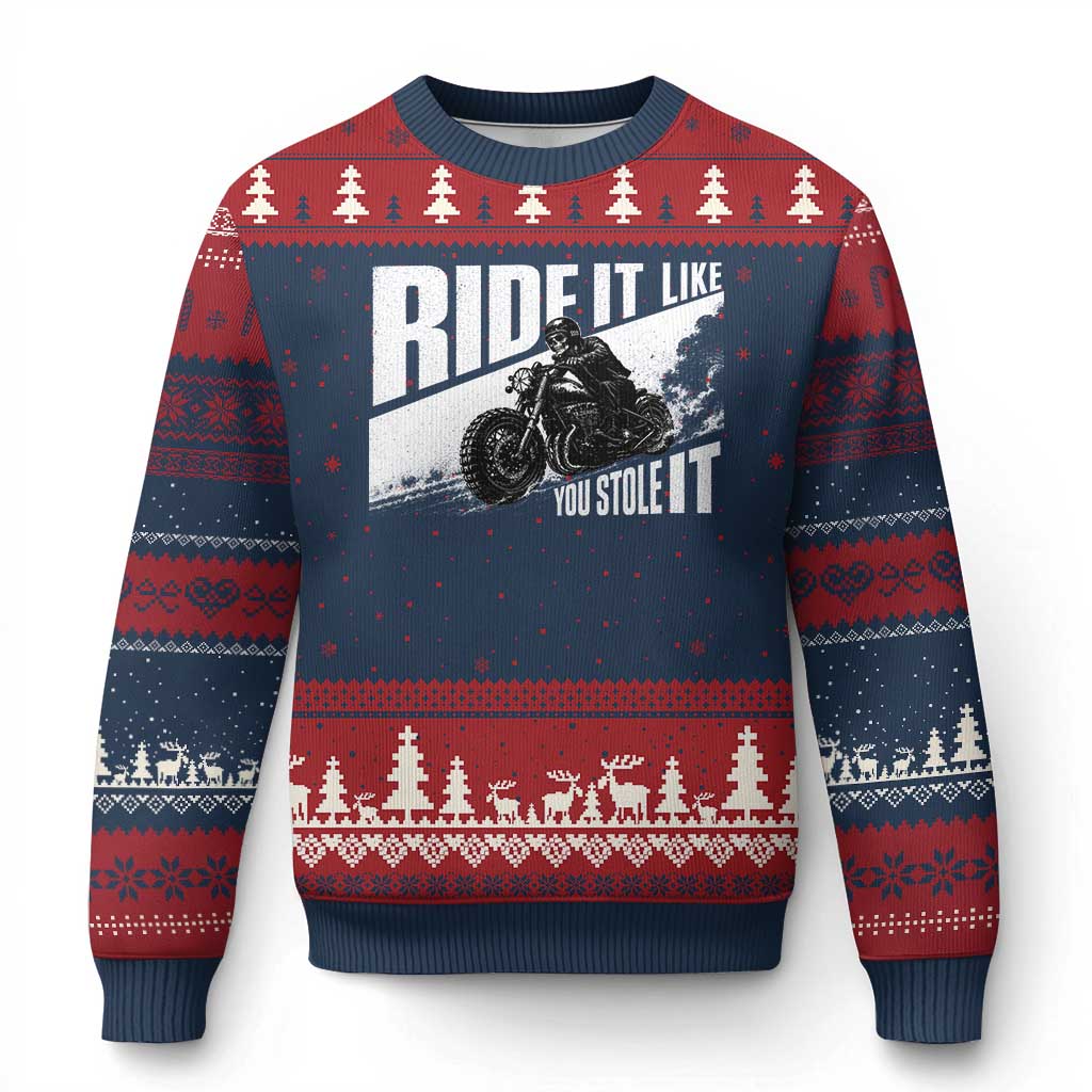 Ride It Like You Stole It Skeleton Biker Ugly Christmas Sweater Vintage Motorcycle Rider