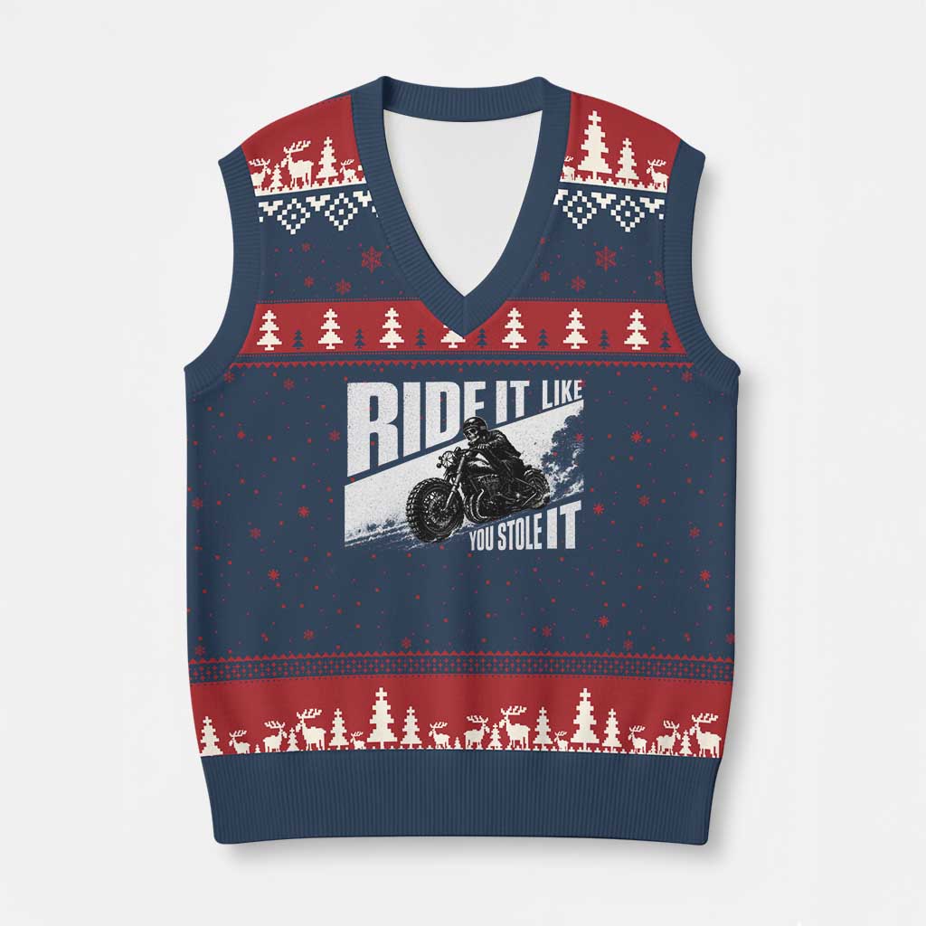 Ride It Like You Stole It Skeleton Biker V-Neck Knit Sweater Vest Vintage Motorcycle Rider