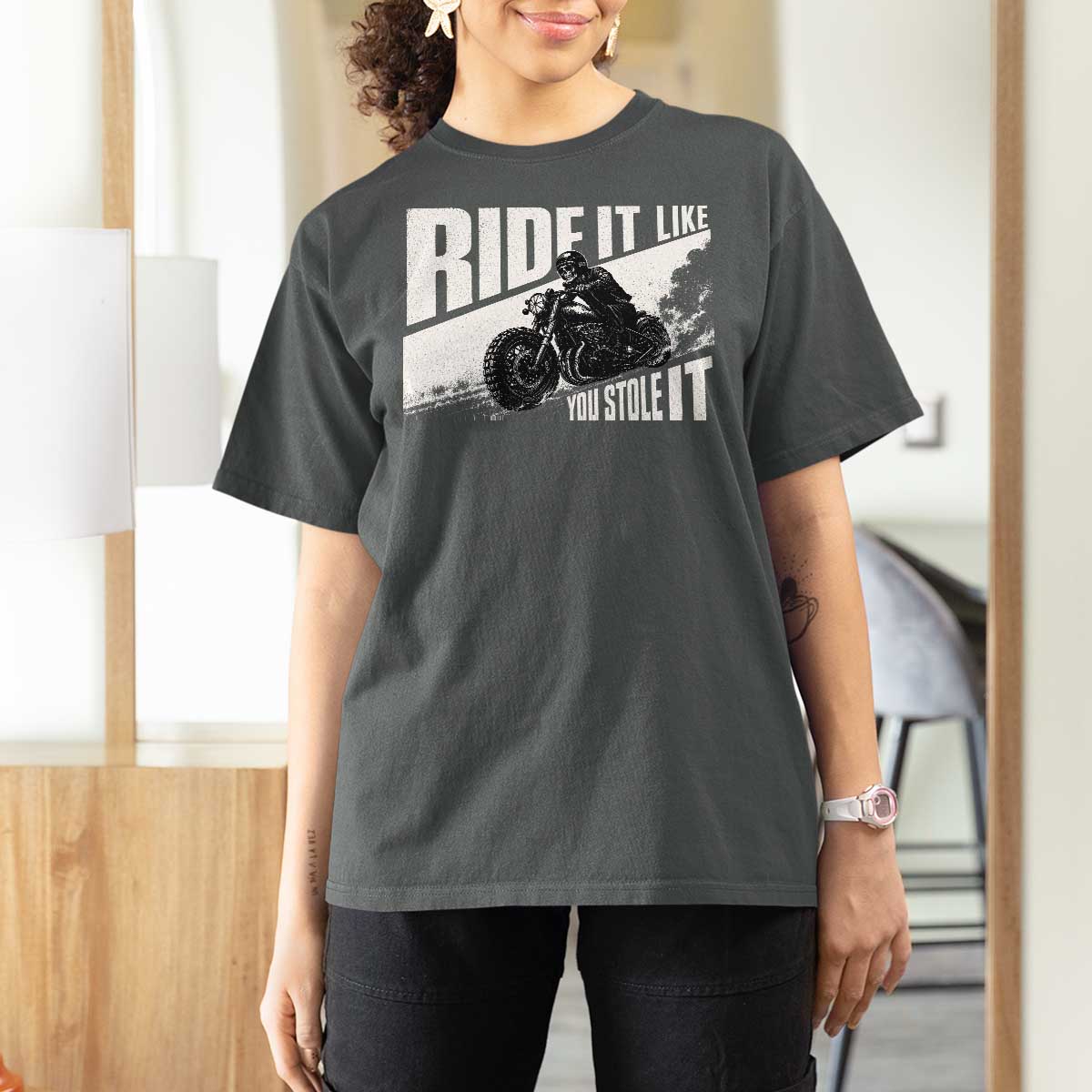 Ride It Like You Stole It Skeleton Biker T Shirt For Women Vintage Motorcycle Rider