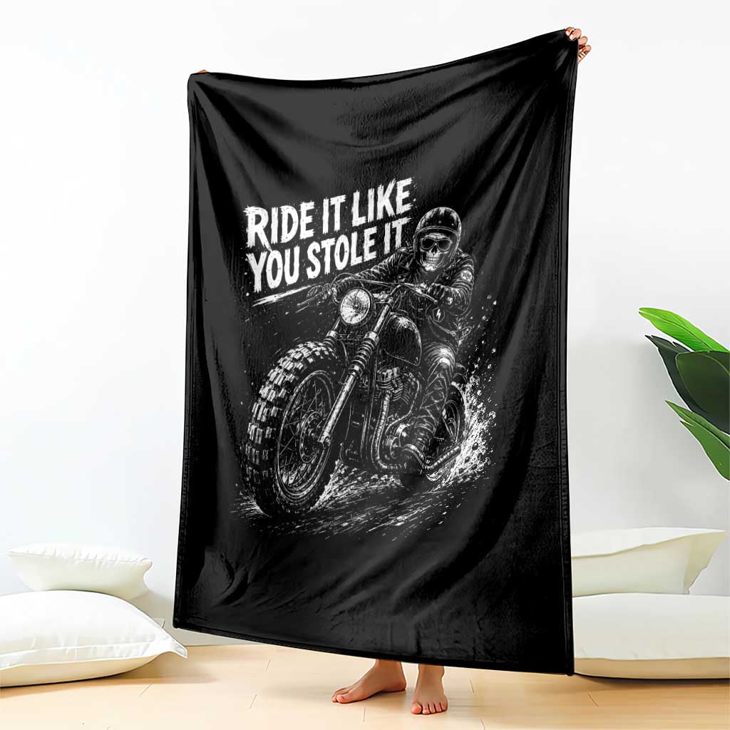 Ride It Like You Stole It Skeleton Rider Vintage Motorcycle Graphic Throw Blanket Biker Enthusiasts