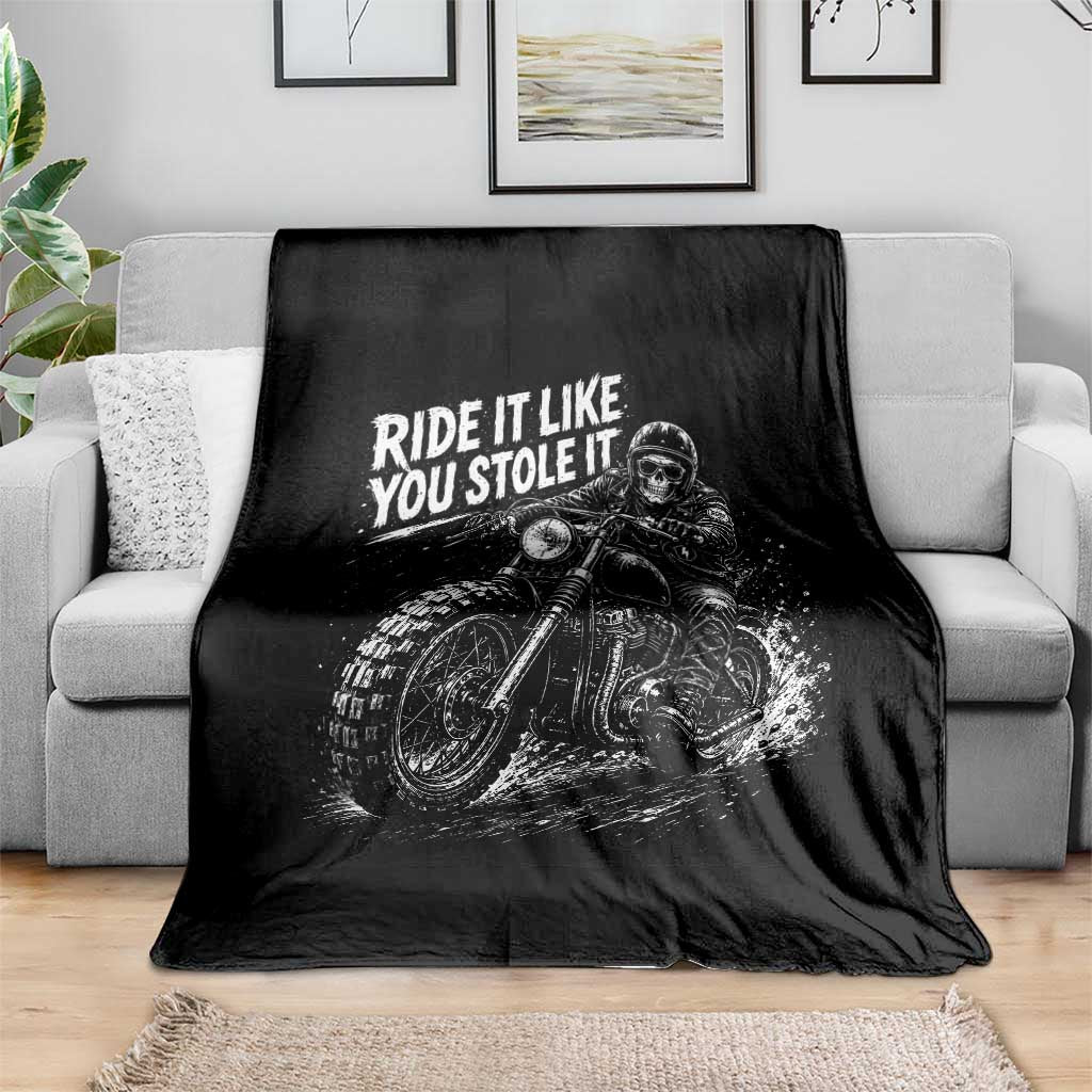Ride It Like You Stole It Skeleton Rider Vintage Motorcycle Graphic Throw Blanket Biker Enthusiasts