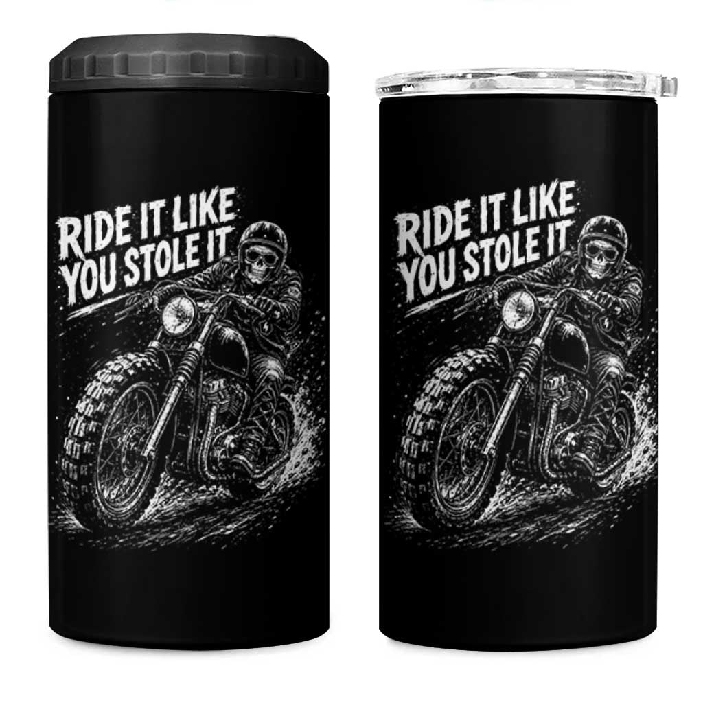 Ride It Like You Stole It Skeleton Rider Vintage Motorcycle Graphic 4 in 1 Can Cooler Tumbler Biker Enthusiasts