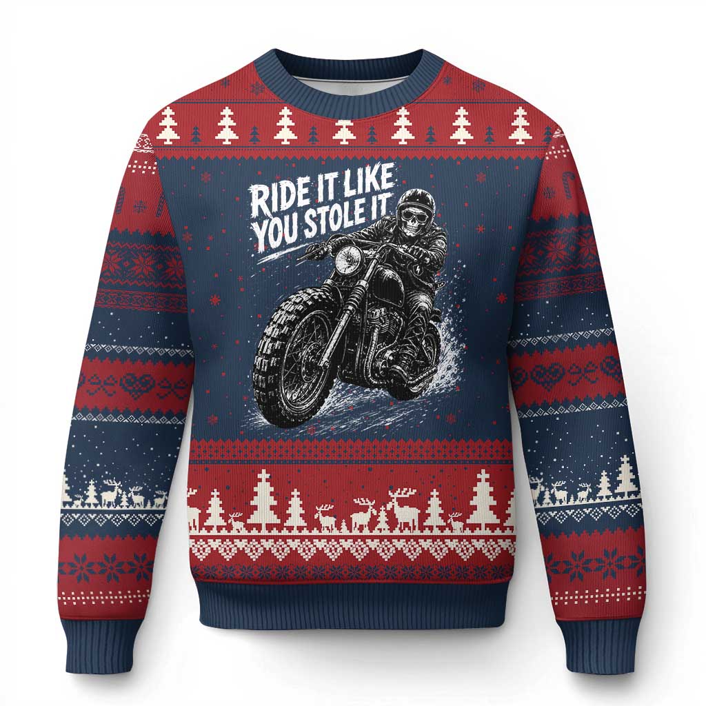 Ride It Like You Stole It Skeleton Rider Vintage Motorcycle Graphic Ugly Christmas Sweater Biker Enthusiasts