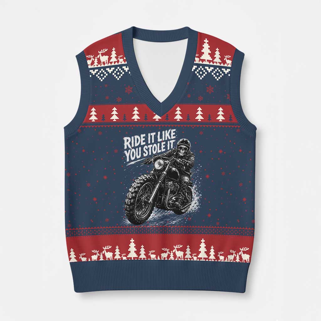 Ride It Like You Stole It Skeleton Rider Vintage Motorcycle Graphic V-Neck Knit Sweater Vest Biker Enthusiasts