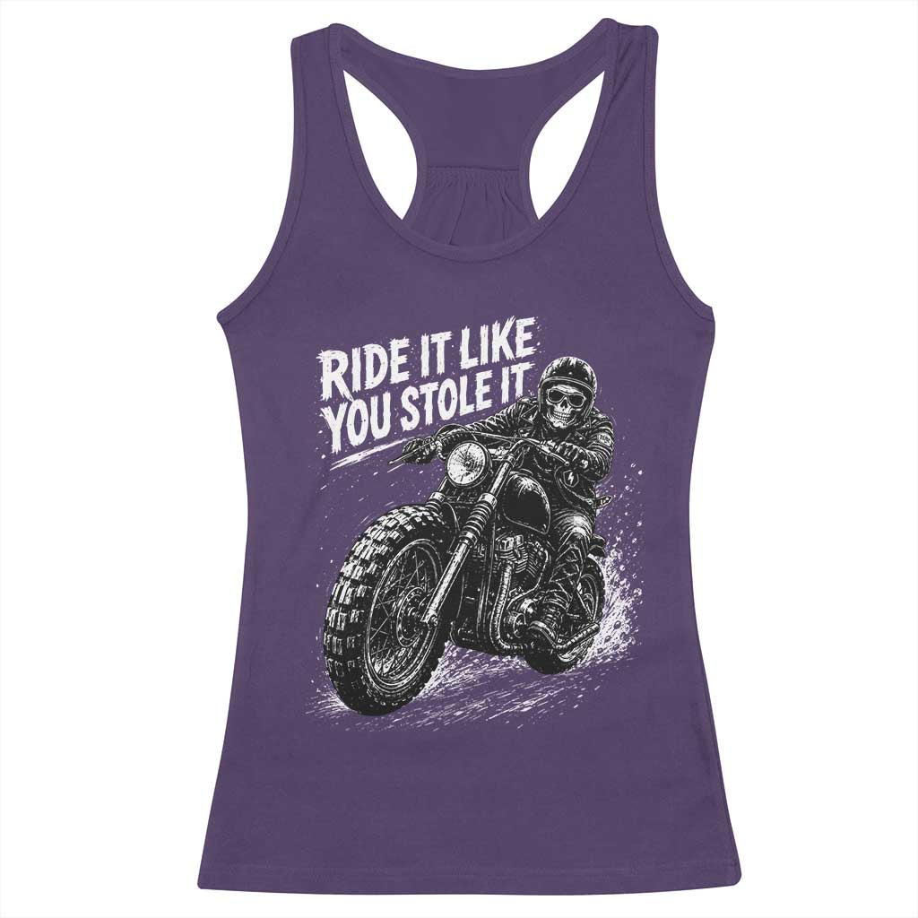 Ride It Like You Stole It Skeleton Rider Vintage Motorcycle Graphic Racerback Tank Top Biker Enthusiasts