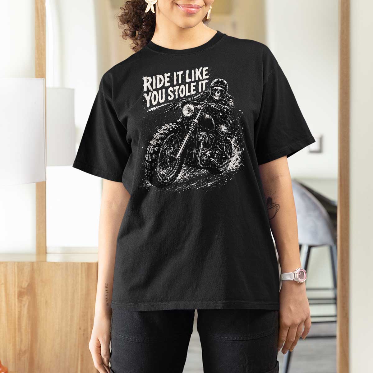 Ride It Like You Stole It Skeleton Rider Vintage Motorcycle Graphic T Shirt For Women Biker Enthusiasts